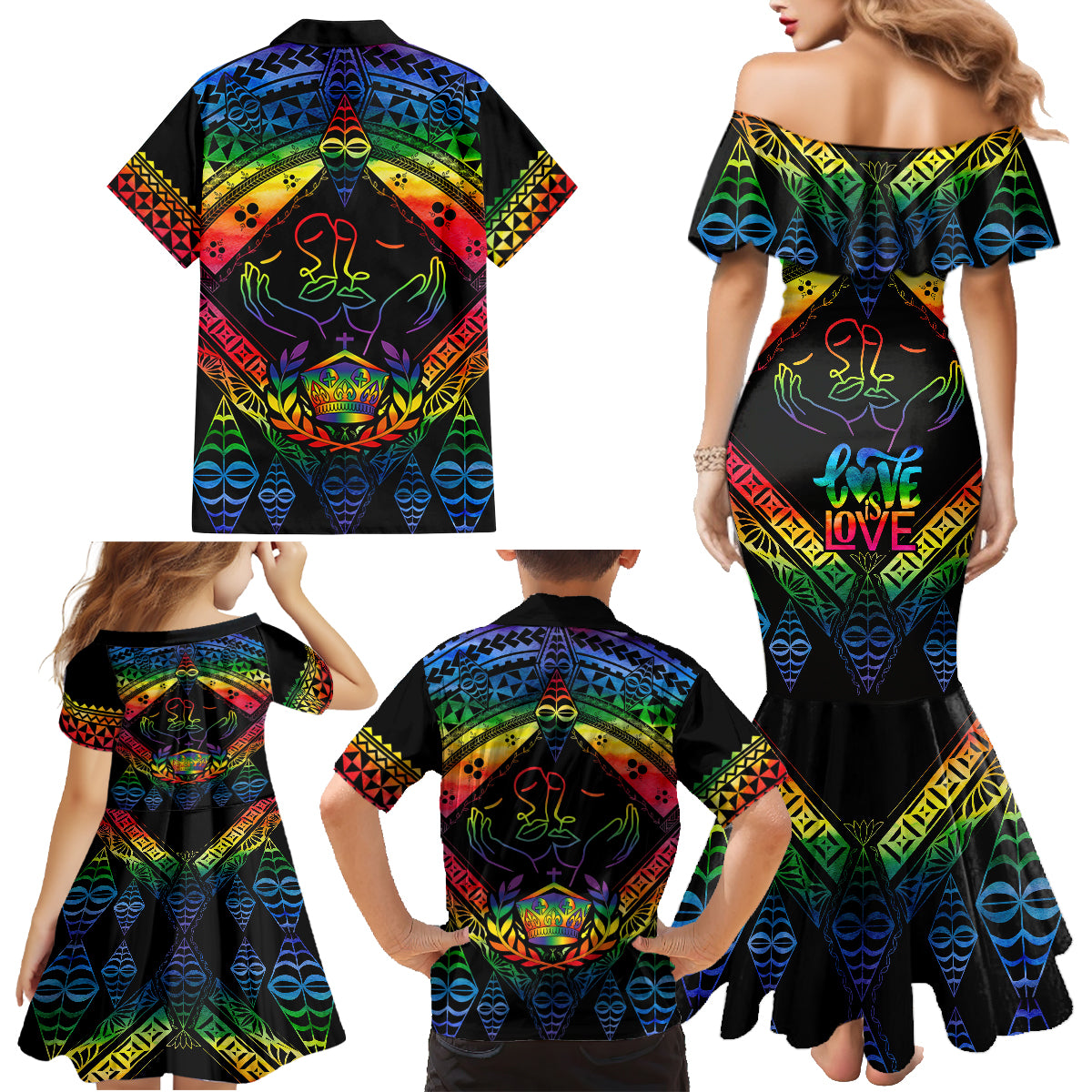 Tonga LGBT Family Matching Mermaid Dress and Hawaiian Shirt Love Is Love Ngatu Rainbow Water Color LT9 - Wonder Print Shop
