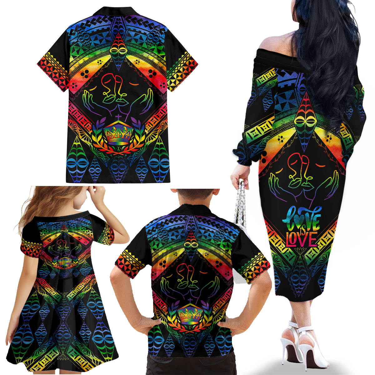 Tonga LGBT Family Matching Off Shoulder Long Sleeve Dress and Hawaiian Shirt Love Is Love Ngatu Rainbow Water Color - Wonder Print Shop