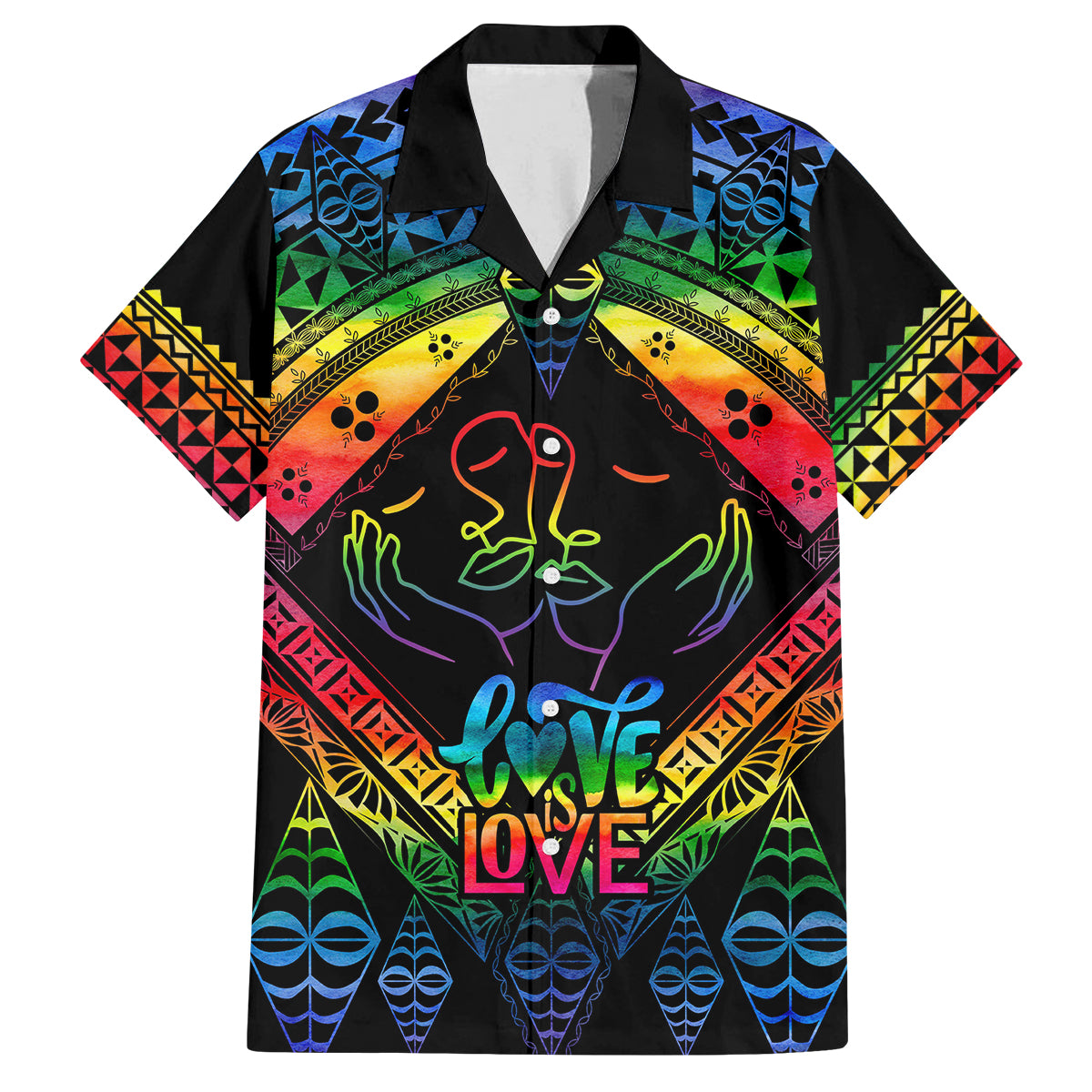 Tonga LGBT Family Matching Off Shoulder Long Sleeve Dress and Hawaiian Shirt Love Is Love Ngatu Rainbow Water Color - Wonder Print Shop