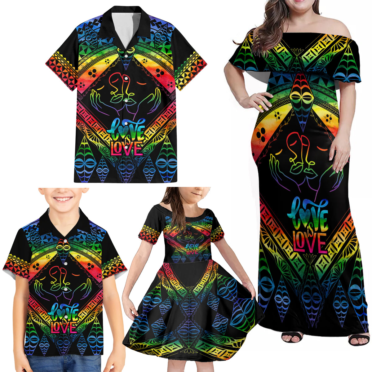 Tonga LGBT Family Matching Off Shoulder Maxi Dress and Hawaiian Shirt Love Is Love Ngatu Rainbow Water Color LT9 - Wonder Print Shop