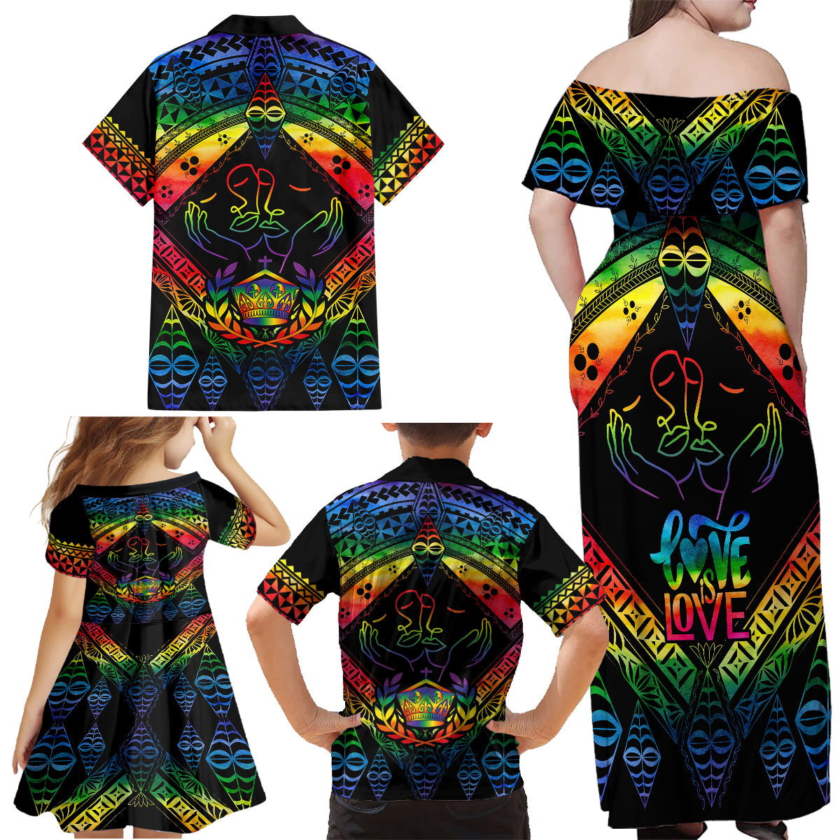 Tonga LGBT Family Matching Off Shoulder Maxi Dress and Hawaiian Shirt Love Is Love Ngatu Rainbow Water Color LT9 - Wonder Print Shop