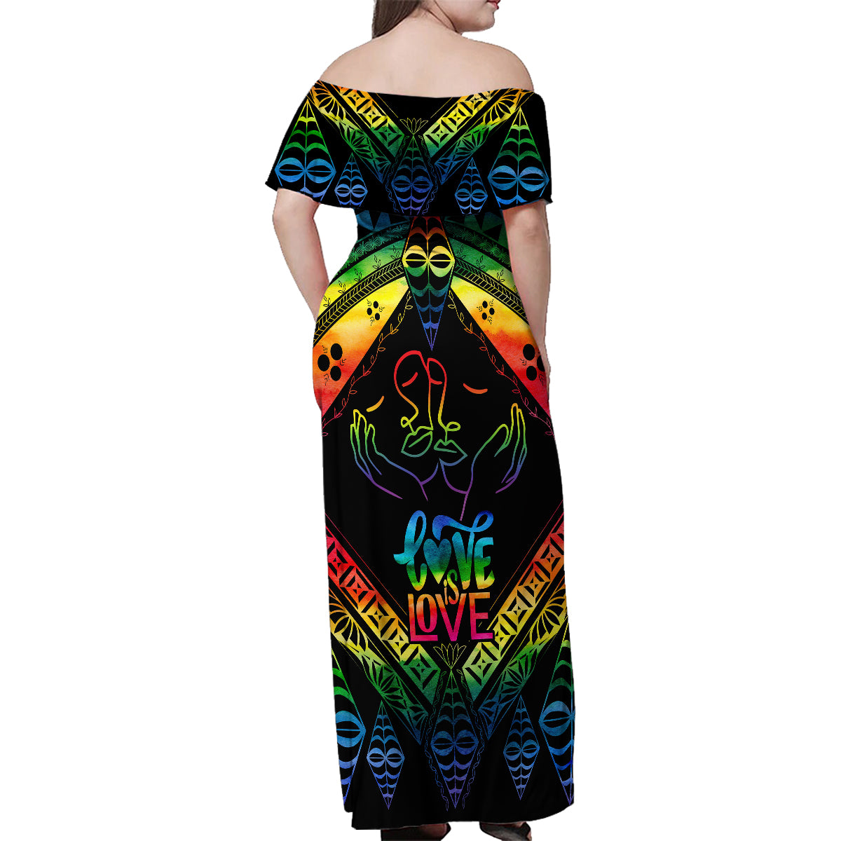 Tonga LGBT Family Matching Off Shoulder Maxi Dress and Hawaiian Shirt Love Is Love Ngatu Rainbow Water Color LT9 - Wonder Print Shop