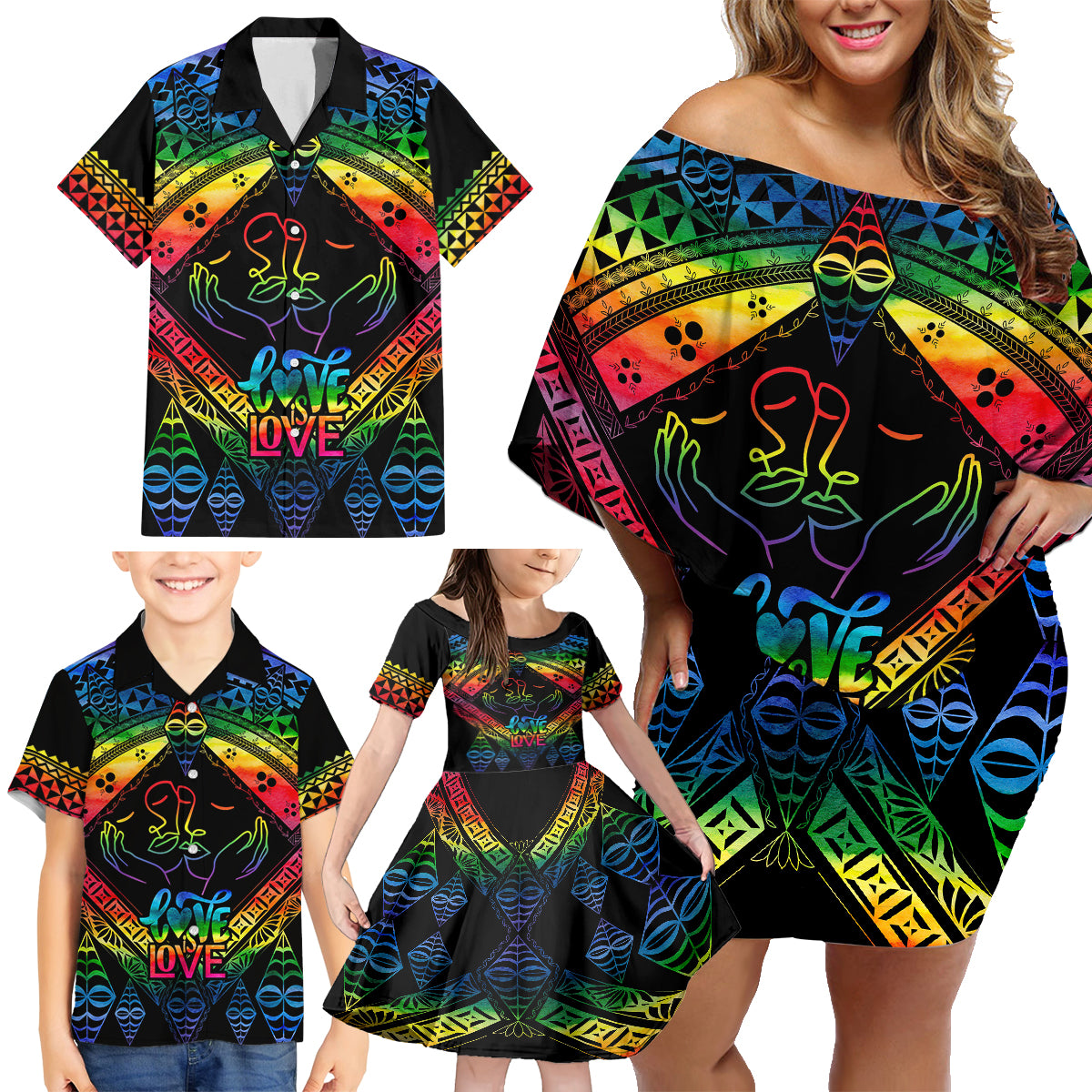 Tonga LGBT Family Matching Off Shoulder Short Dress and Hawaiian Shirt Love Is Love Ngatu Rainbow Water Color LT9 - Wonder Print Shop