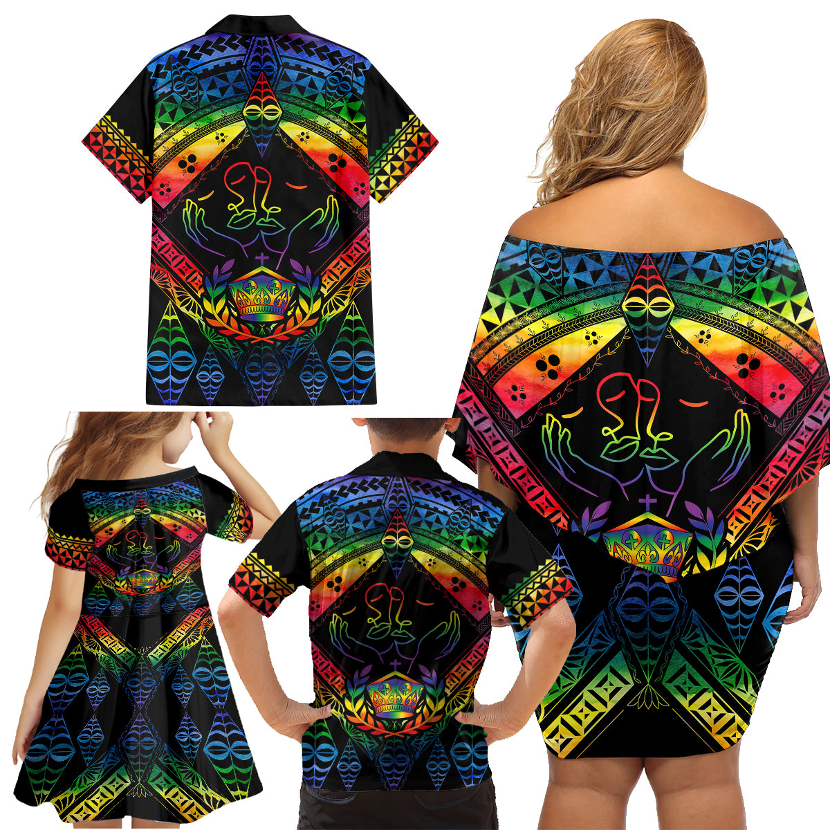 Tonga LGBT Family Matching Off Shoulder Short Dress and Hawaiian Shirt Love Is Love Ngatu Rainbow Water Color LT9 - Wonder Print Shop