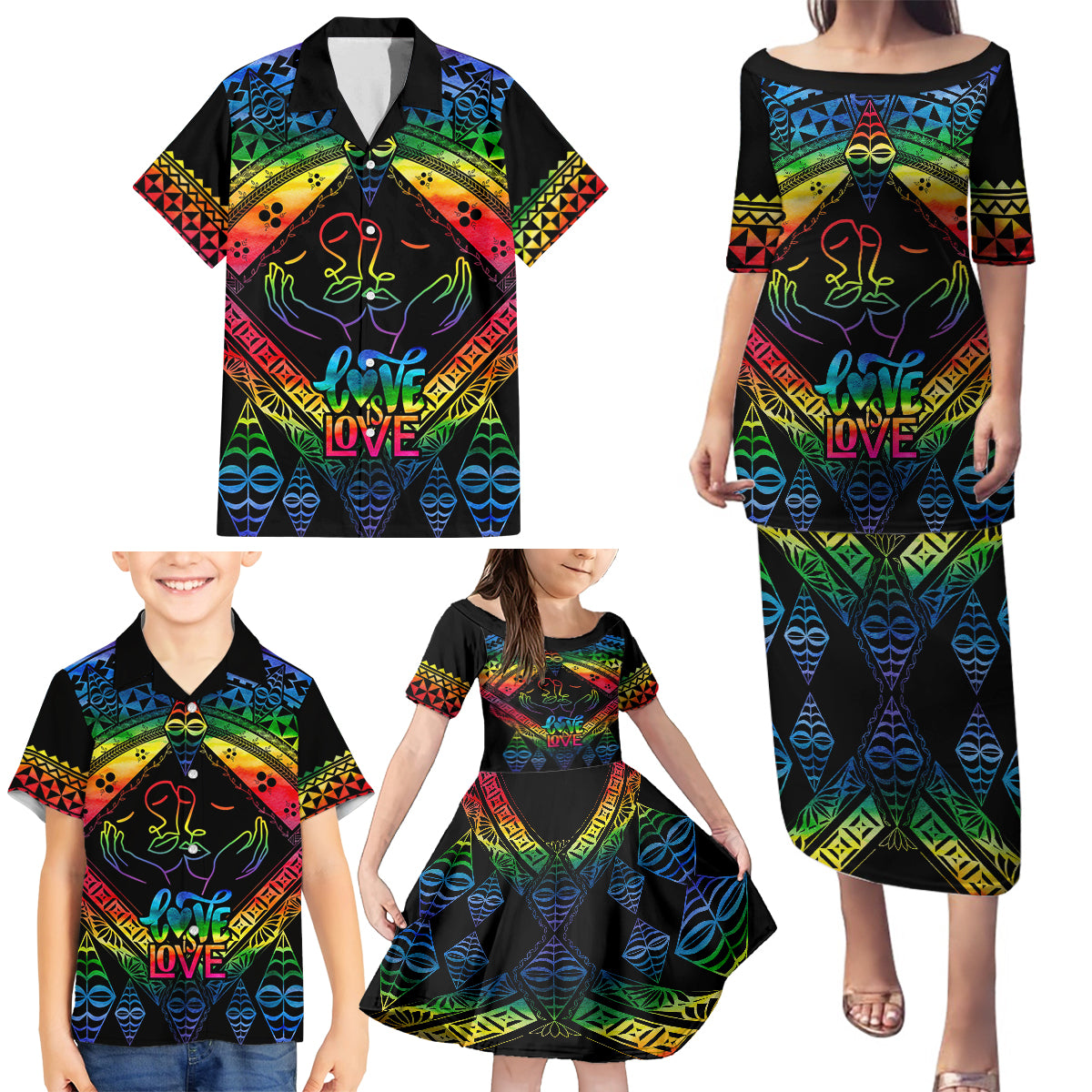 Tonga LGBT Family Matching Puletasi Dress and Hawaiian Shirt Love Is Love Ngatu Rainbow Water Color - Wonder Print Shop