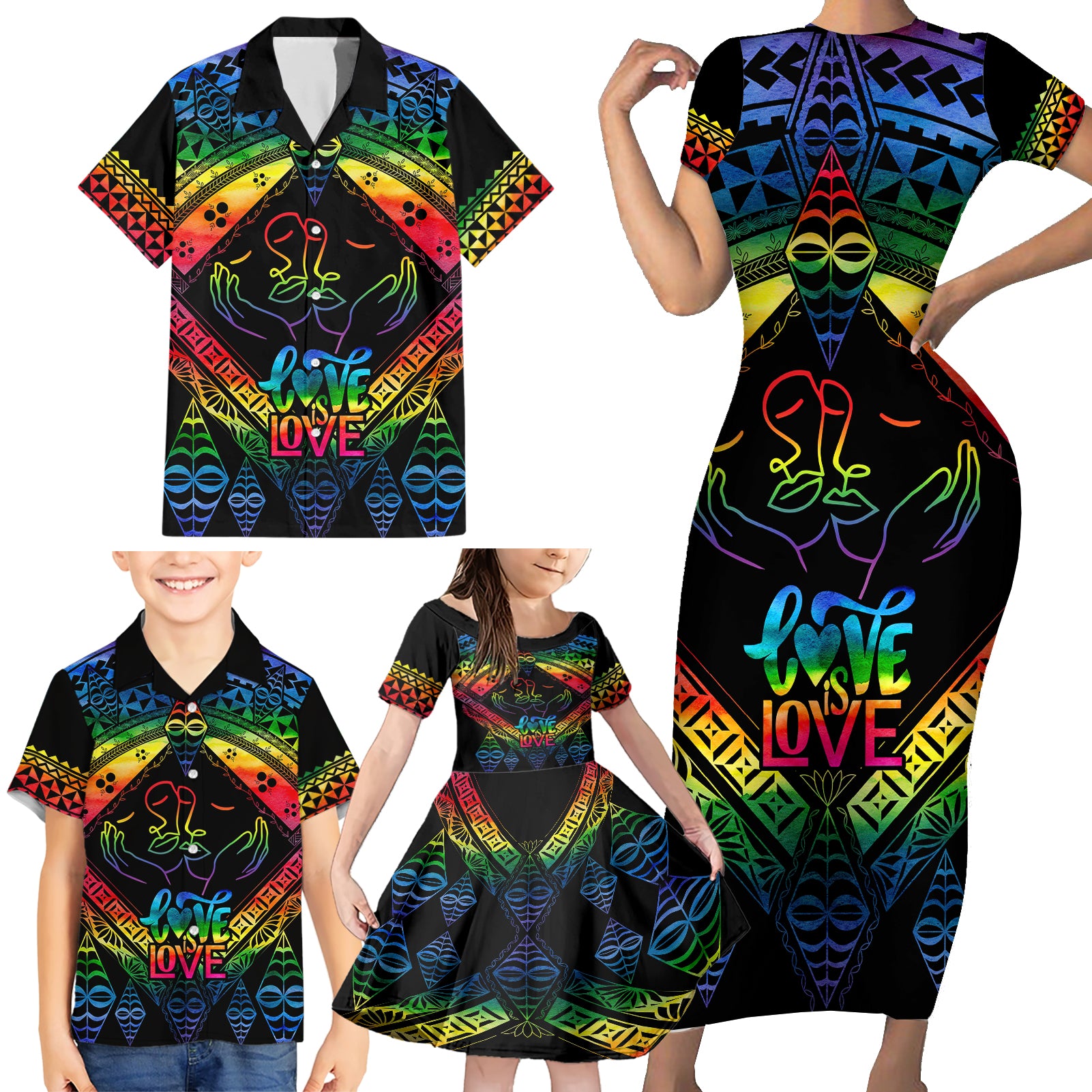 Tonga LGBT Family Matching Short Sleeve Bodycon Dress and Hawaiian Shirt Love Is Love Ngatu Rainbow Water Color - Wonder Print Shop