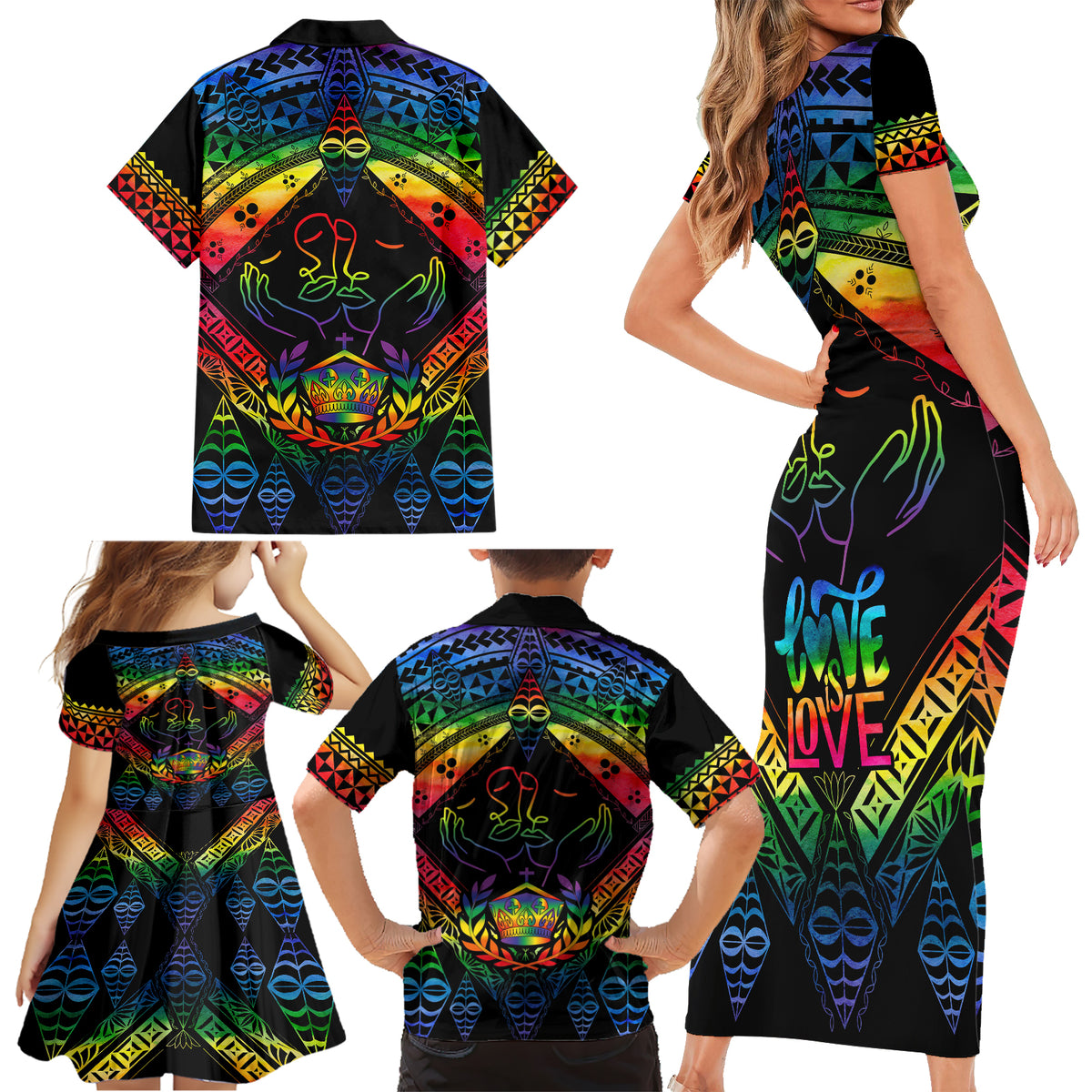 Tonga LGBT Family Matching Short Sleeve Bodycon Dress and Hawaiian Shirt Love Is Love Ngatu Rainbow Water Color - Wonder Print Shop