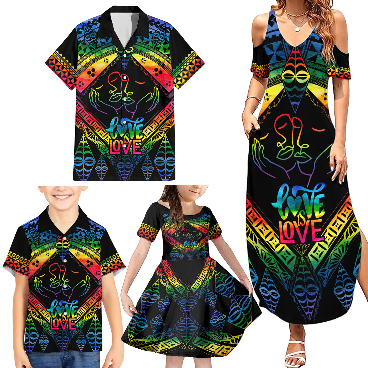 Tonga LGBT Family Matching Summer Maxi Dress and Hawaiian Shirt Love Is Love Ngatu Rainbow Water Color - Wonder Print Shop