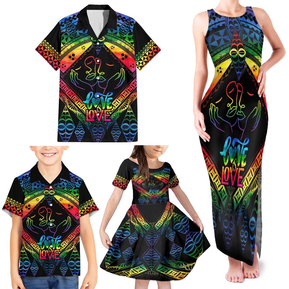 Tonga LGBT Family Matching Tank Maxi Dress and Hawaiian Shirt Love Is Love Ngatu Rainbow Water Color - Wonder Print Shop