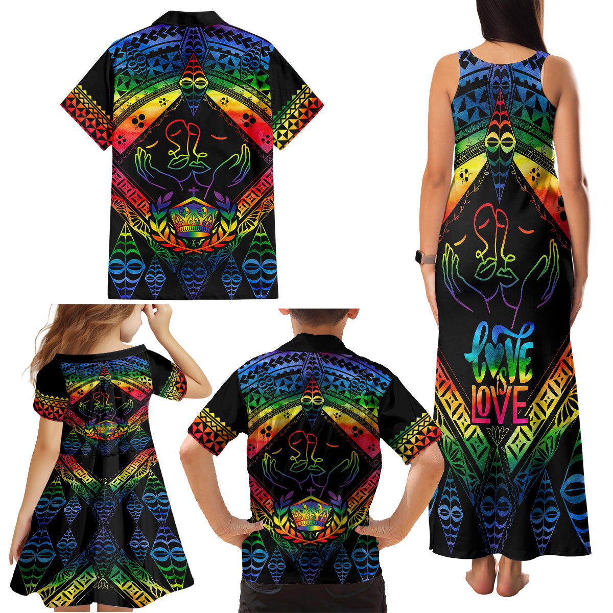 Tonga LGBT Family Matching Tank Maxi Dress and Hawaiian Shirt Love Is Love Ngatu Rainbow Water Color - Wonder Print Shop