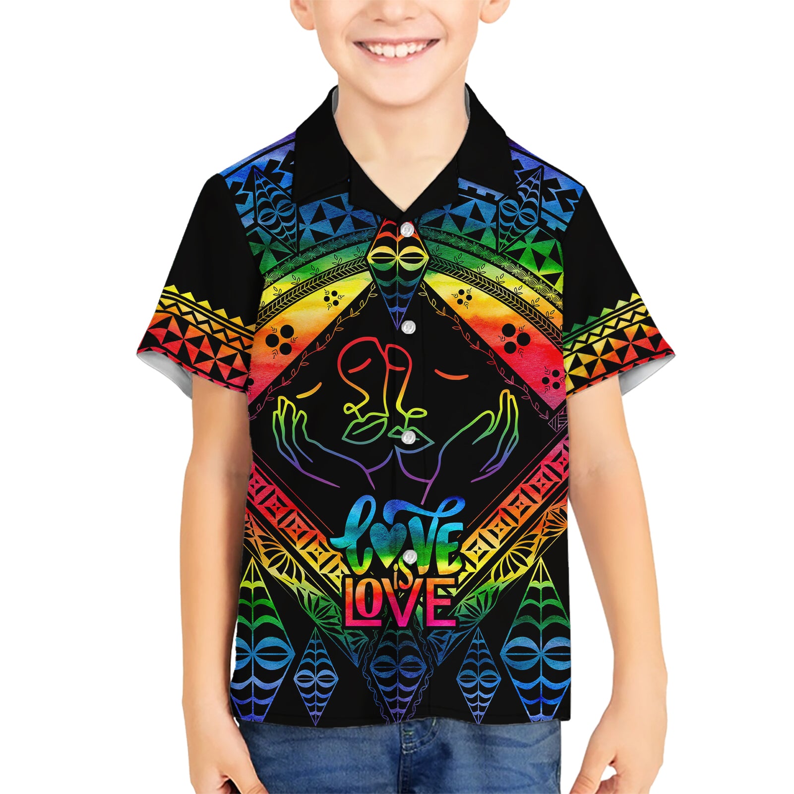 Tonga LGBT Kid Hawaiian Shirt Love Is Love Ngatu Rainbow Water Color - Wonder Print Shop