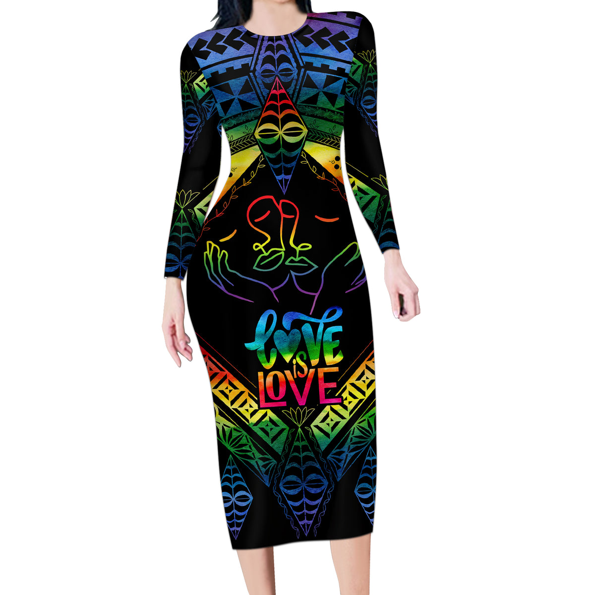 Tonga LGBT Long Sleeve Bodycon Dress Love Is Love Ngatu Rainbow Water Color - Wonder Print Shop