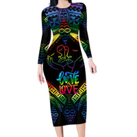 Tonga LGBT Long Sleeve Bodycon Dress Love Is Love Ngatu Rainbow Water Color - Wonder Print Shop