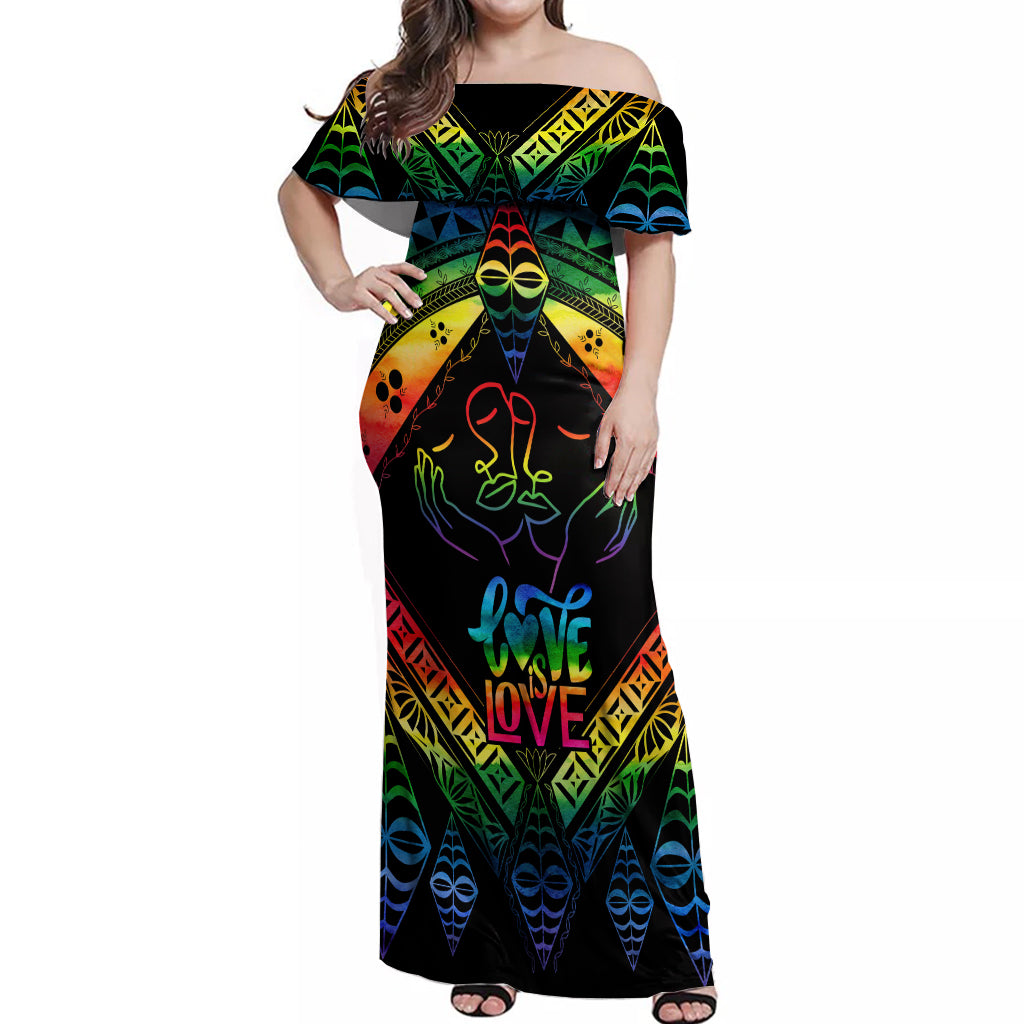 Tonga LGBT Off Shoulder Maxi Dress Love Is Love Ngatu Rainbow Water Color - Wonder Print Shop