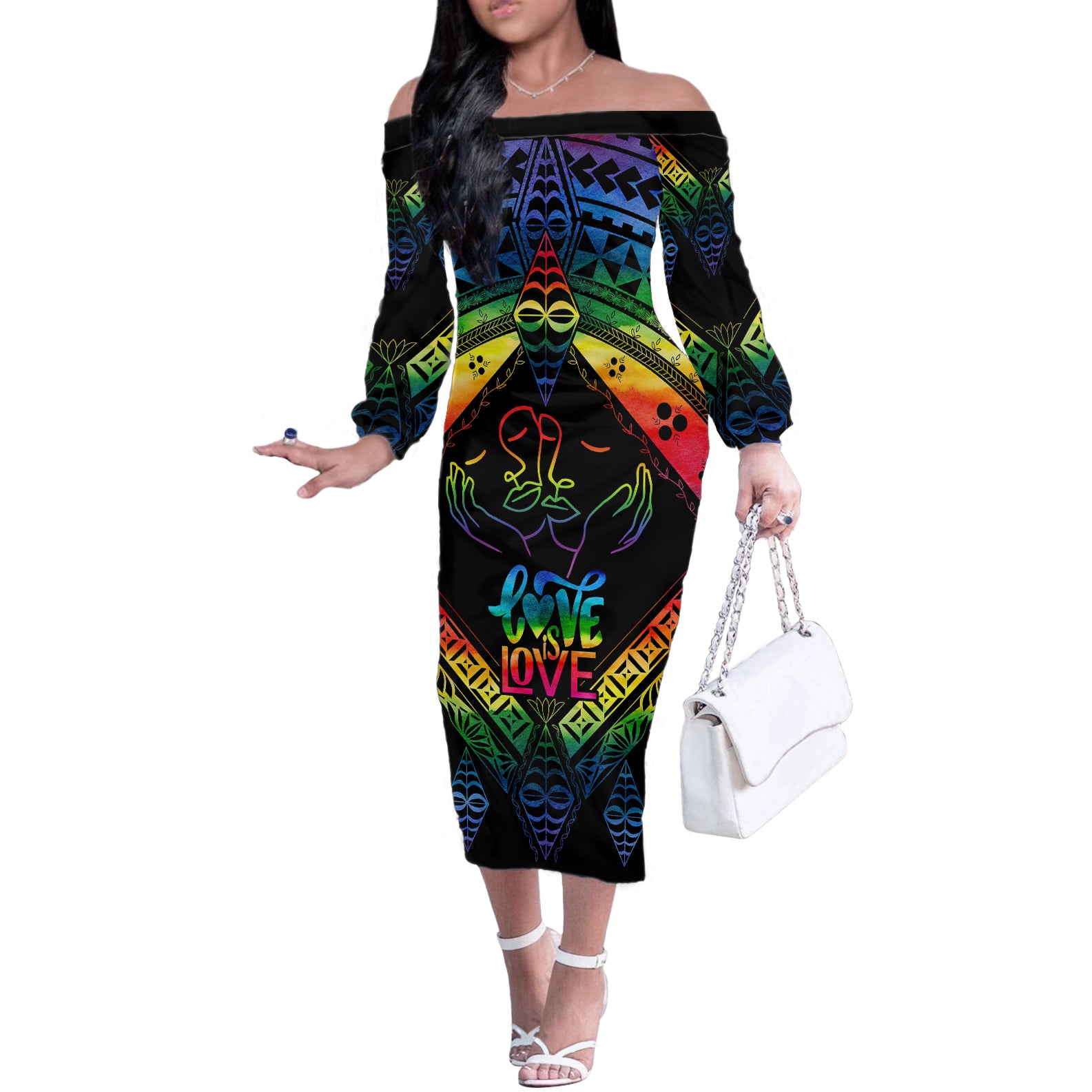 Tonga LGBT Off The Shoulder Long Sleeve Dress Love Is Love Ngatu Rainbow Water Color - Wonder Print Shop