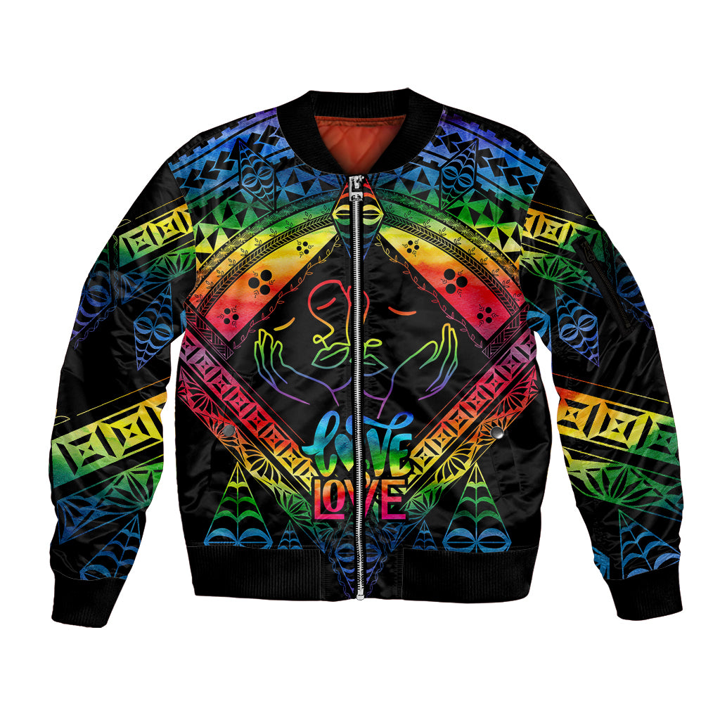 Tonga LGBT Sleeve Zip Bomber Jacket Love Is Love Ngatu Rainbow Water Color - Wonder Print Shop