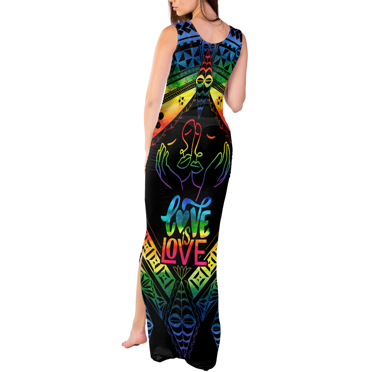 Tonga LGBT Tank Maxi Dress Love Is Love Ngatu Rainbow Water Color - Wonder Print Shop