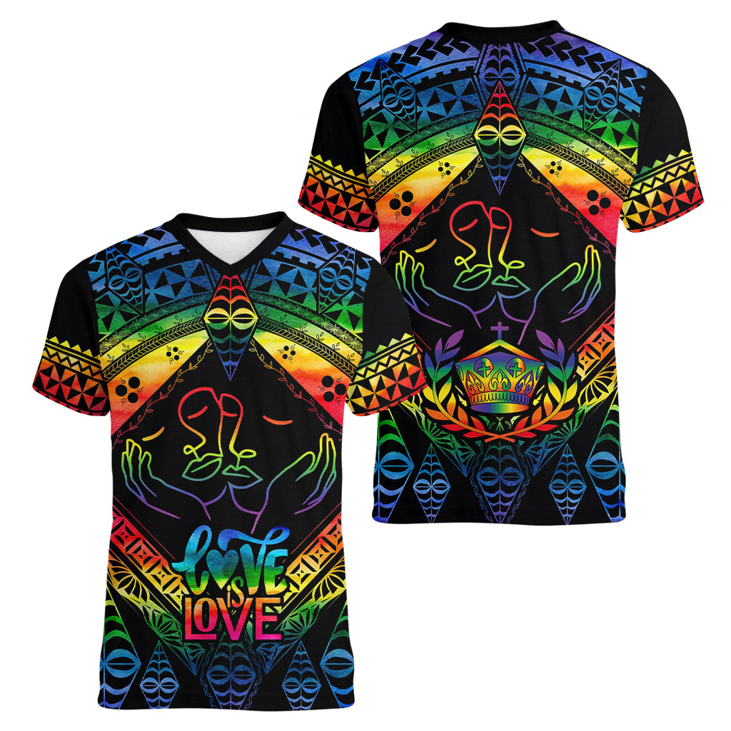 Tonga LGBT Women V Neck T Shirt Love Is Love Ngatu Rainbow Water Color - Wonder Print Shop