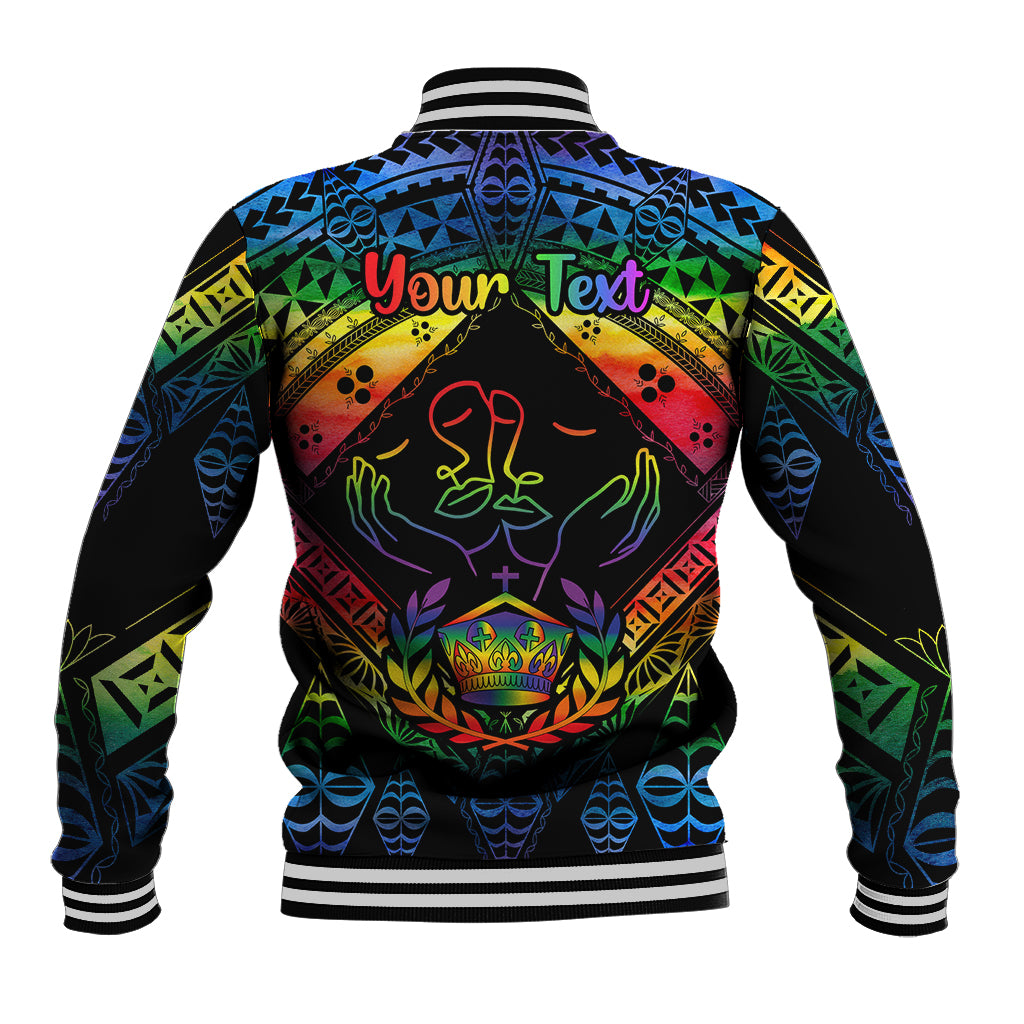 Personalised Tonga LGBT Baseball Jacket Love Is Love Ngatu Rainbow Water Color LT9 - Wonder Print Shop