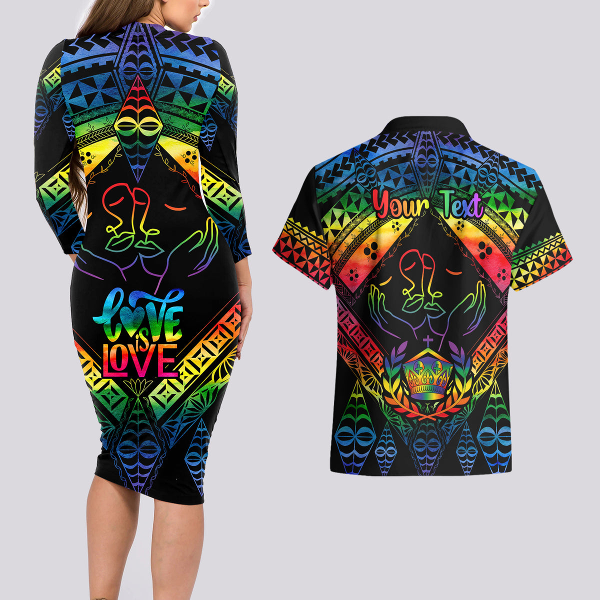 Personalised Tonga LGBT Couples Matching Long Sleeve Bodycon Dress and Hawaiian Shirt Love Is Love Ngatu Rainbow Water Color LT9 - Wonder Print Shop