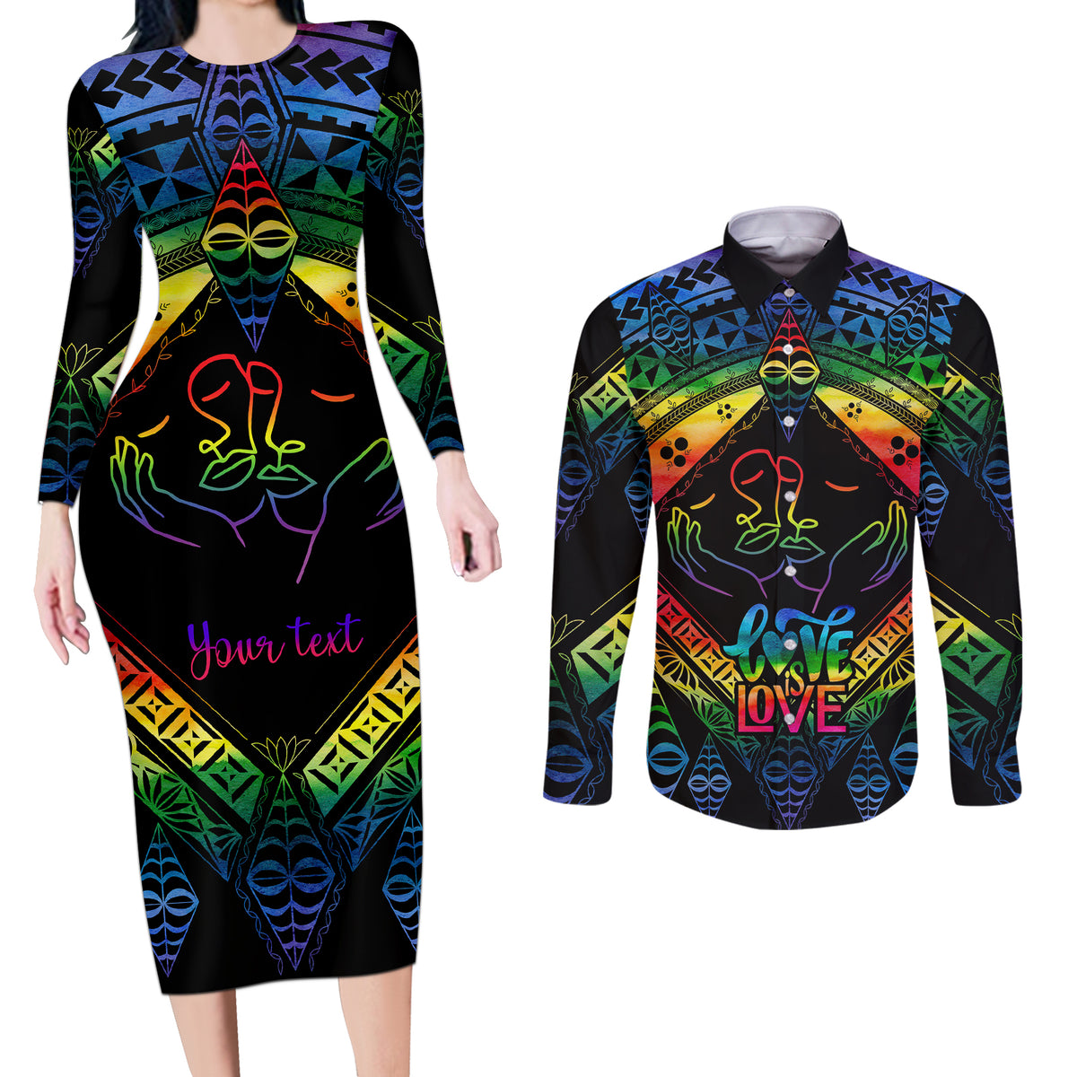 Personalised Tonga LGBT Couples Matching Long Sleeve Bodycon Dress and Long Sleeve Button Shirts Love Is Love Ngatu Rainbow Water Color LT9 - Wonder Print Shop