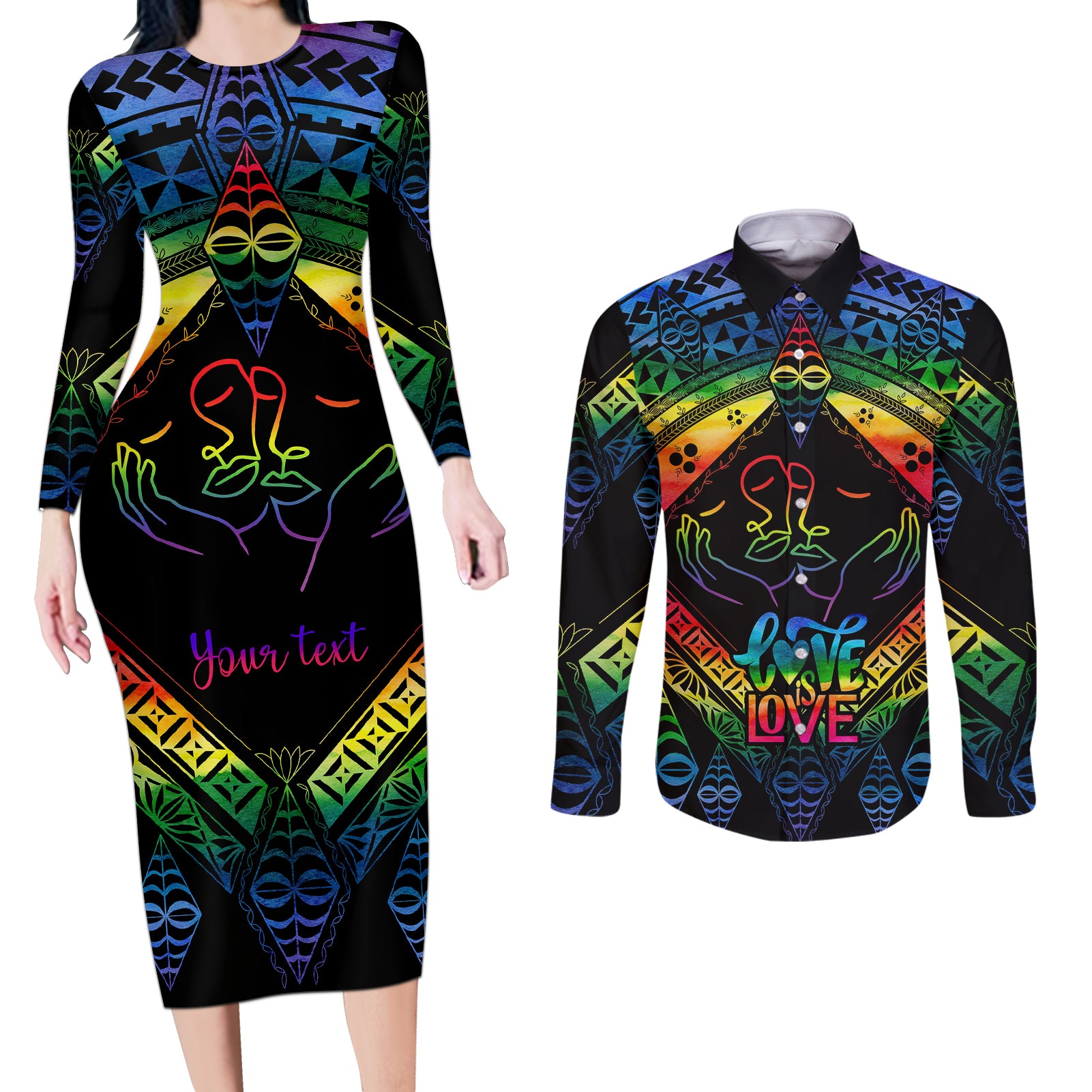 Personalised Tonga LGBT Couples Matching Long Sleeve Bodycon Dress and Long Sleeve Button Shirts Love Is Love Ngatu Rainbow Water Color LT9 - Wonder Print Shop