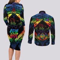 Personalised Tonga LGBT Couples Matching Long Sleeve Bodycon Dress and Long Sleeve Button Shirts Love Is Love Ngatu Rainbow Water Color LT9 - Wonder Print Shop