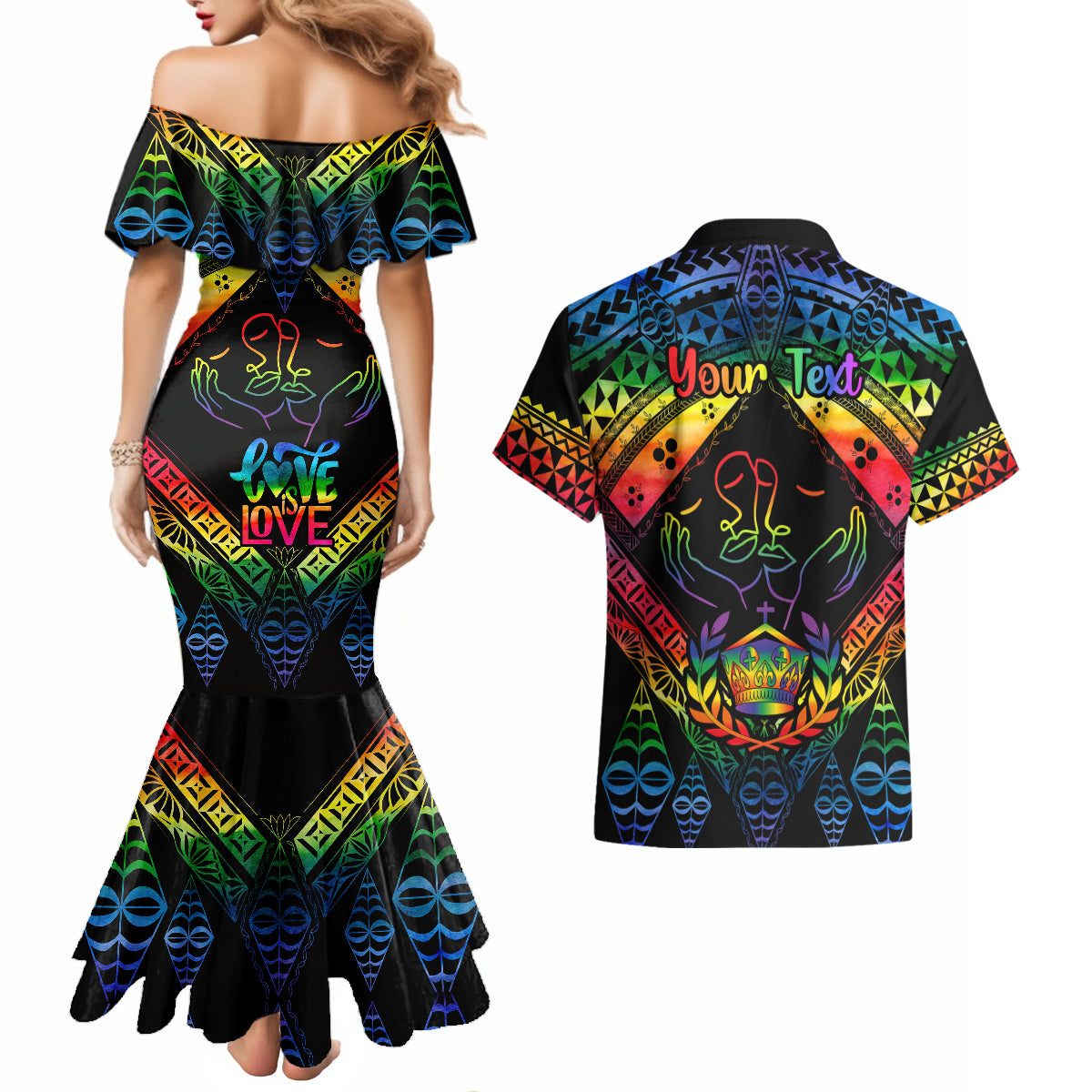 Personalised Tonga LGBT Couples Matching Mermaid Dress and Hawaiian Shirt Love Is Love Ngatu Rainbow Water Color LT9 - Wonder Print Shop