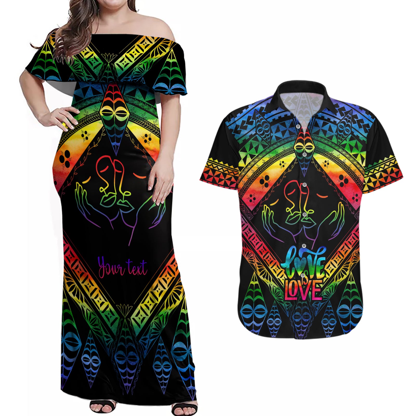 Personalised Tonga LGBT Couples Matching Off Shoulder Maxi Dress and Hawaiian Shirt Love Is Love Ngatu Rainbow Water Color LT9 - Wonder Print Shop
