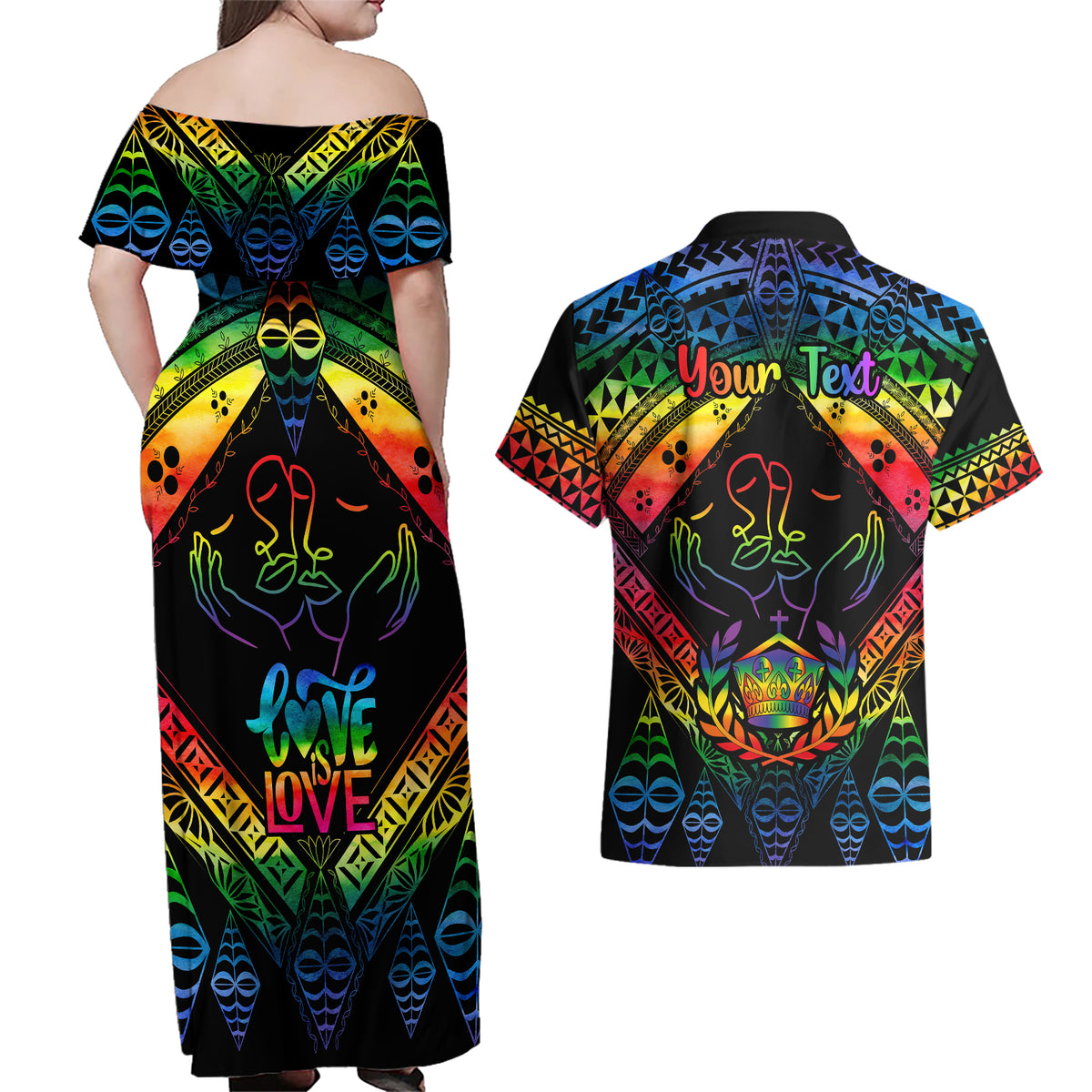 Personalised Tonga LGBT Couples Matching Off Shoulder Maxi Dress and Hawaiian Shirt Love Is Love Ngatu Rainbow Water Color LT9 - Wonder Print Shop
