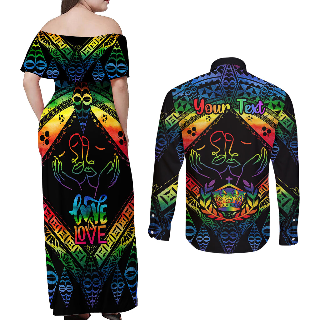 Personalised Tonga LGBT Couples Matching Off Shoulder Maxi Dress and Long Sleeve Button Shirts Love Is Love Ngatu Rainbow Water Color LT9 - Wonder Print Shop