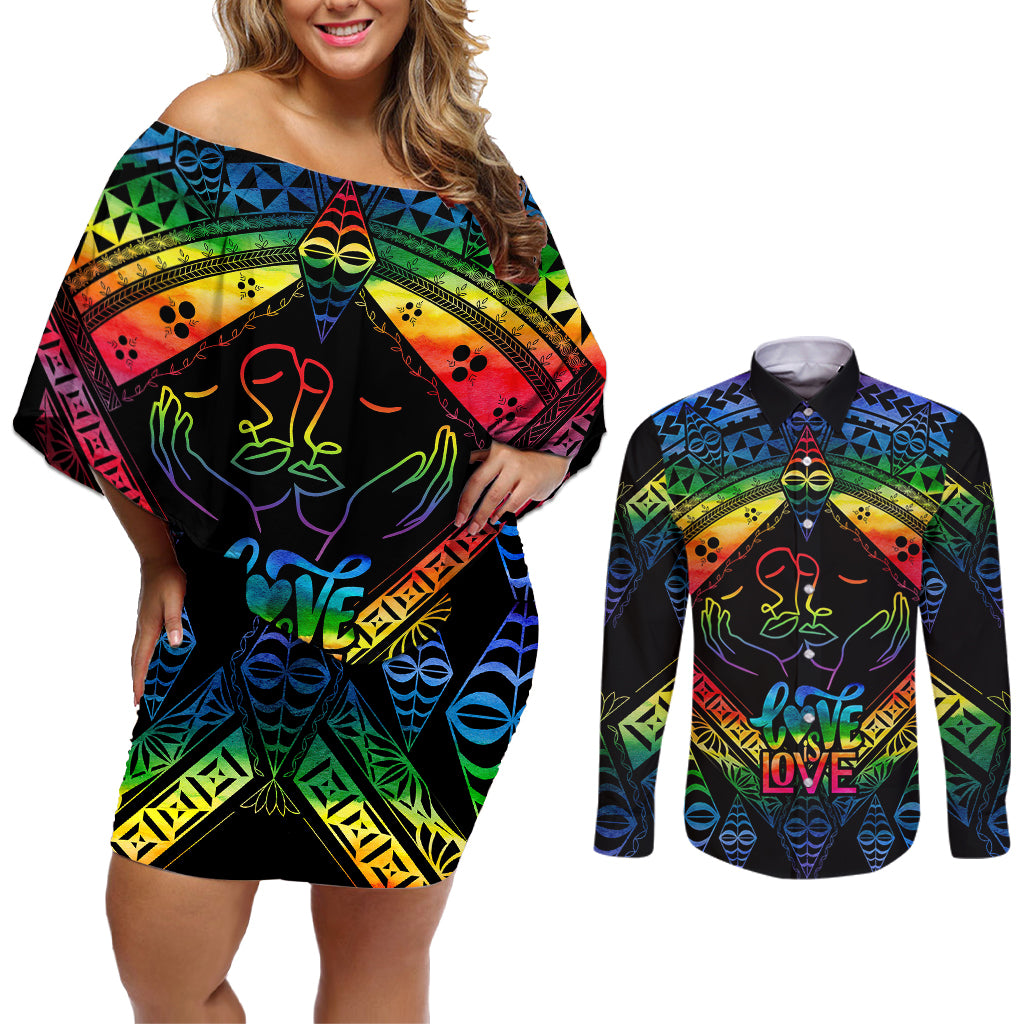 Personalised Tonga LGBT Couples Matching Off Shoulder Short Dress and Long Sleeve Button Shirts Love Is Love Ngatu Rainbow Water Color LT9 - Wonder Print Shop