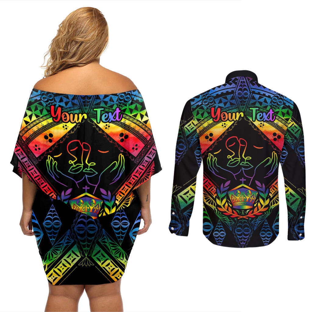 Personalised Tonga LGBT Couples Matching Off Shoulder Short Dress and Long Sleeve Button Shirts Love Is Love Ngatu Rainbow Water Color LT9 - Wonder Print Shop