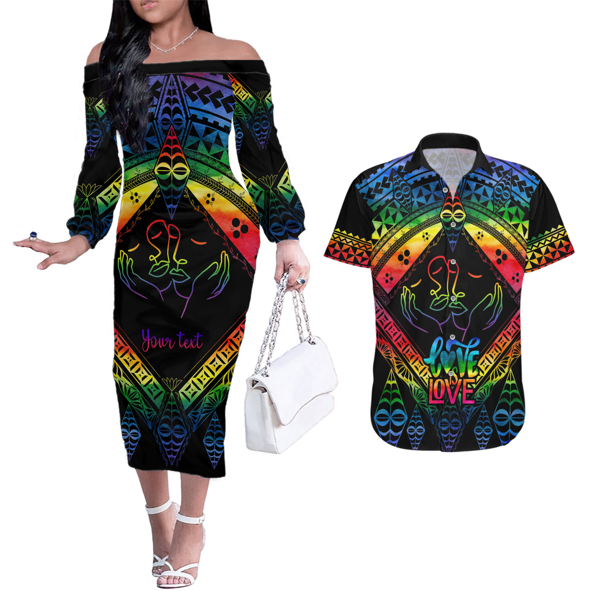 Personalised Tonga LGBT Couples Matching Off The Shoulder Long Sleeve Dress and Hawaiian Shirt Love Is Love Ngatu Rainbow Water Color LT9 - Wonder Print Shop