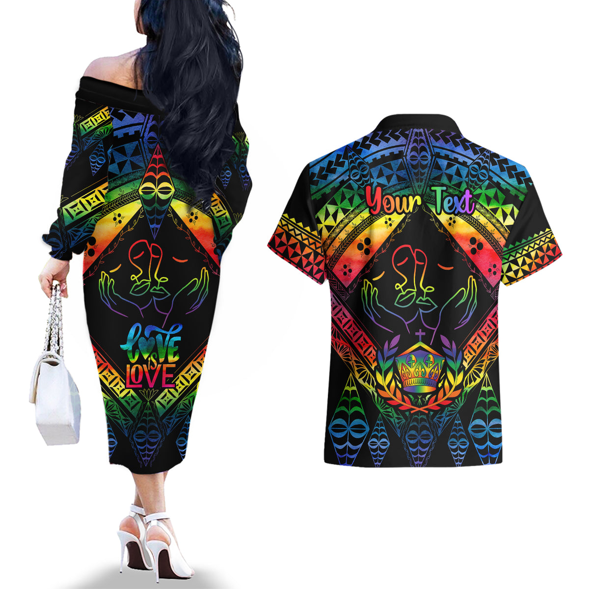 Personalised Tonga LGBT Couples Matching Off The Shoulder Long Sleeve Dress and Hawaiian Shirt Love Is Love Ngatu Rainbow Water Color LT9 - Wonder Print Shop