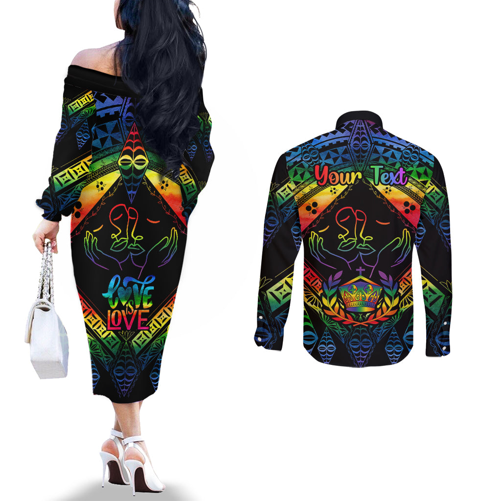 personalised-tonga-lgbt-couples-matching-off-the-shoulder-long-sleeve-dress-and-long-sleeve-button-shirts-love-is-love-ngatu-rainbow-water-color