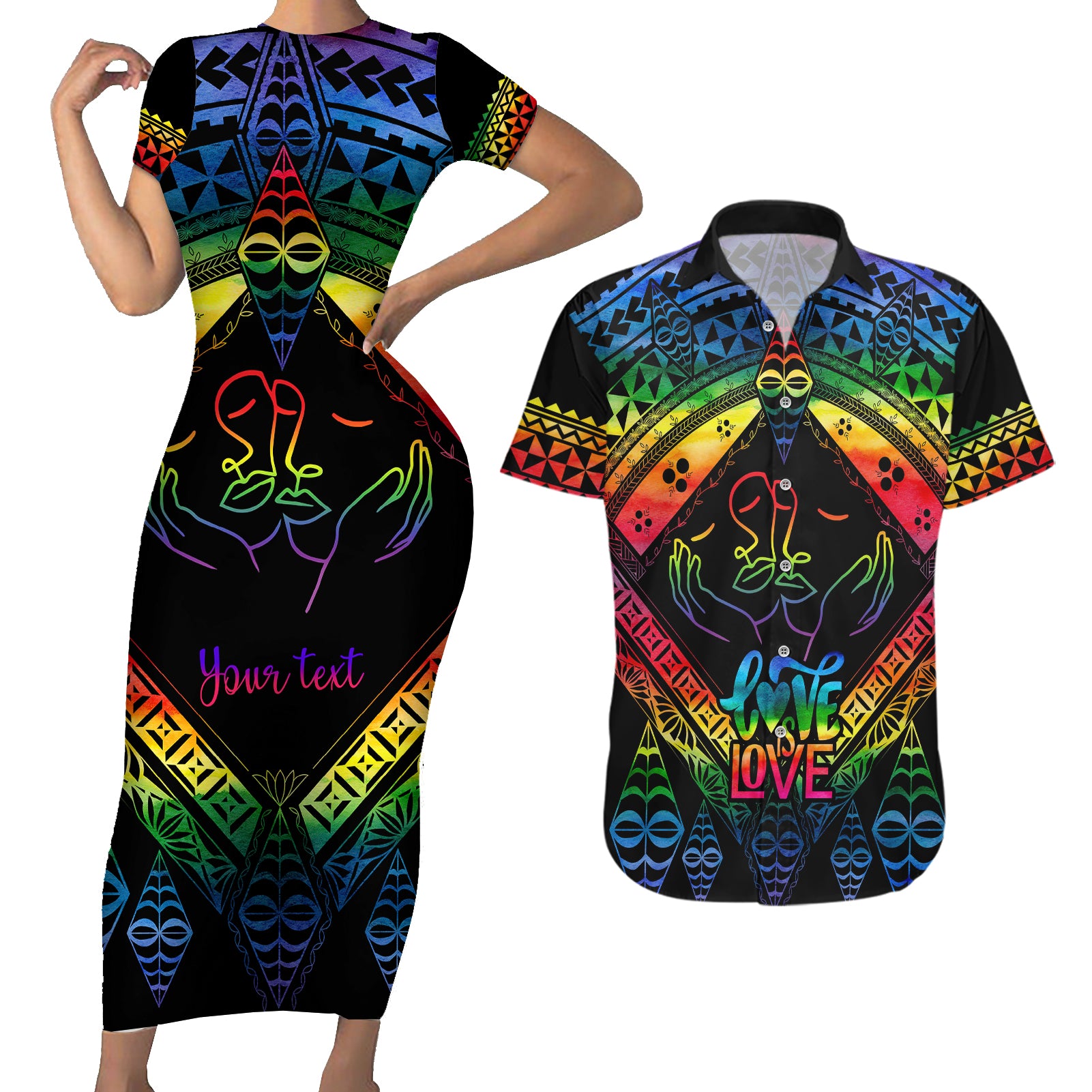 Personalised Tonga LGBT Couples Matching Short Sleeve Bodycon Dress and Hawaiian Shirt Love Is Love Ngatu Rainbow Water Color LT9 - Wonder Print Shop