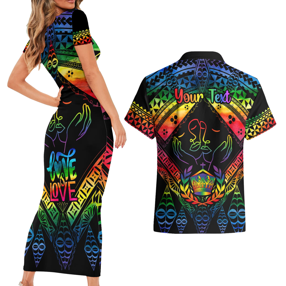 Personalised Tonga LGBT Couples Matching Short Sleeve Bodycon Dress and Hawaiian Shirt Love Is Love Ngatu Rainbow Water Color LT9 - Wonder Print Shop