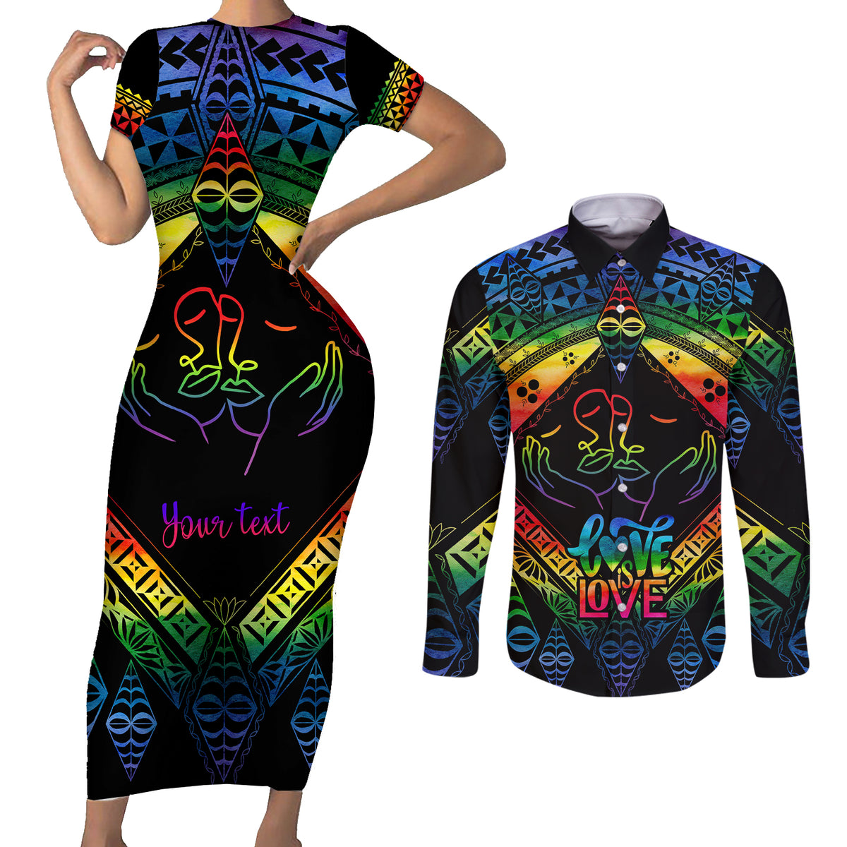 Personalised Tonga LGBT Couples Matching Short Sleeve Bodycon Dress and Long Sleeve Button Shirts Love Is Love Ngatu Rainbow Water Color LT9 - Wonder Print Shop