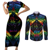 Personalised Tonga LGBT Couples Matching Short Sleeve Bodycon Dress and Long Sleeve Button Shirts Love Is Love Ngatu Rainbow Water Color LT9 - Wonder Print Shop