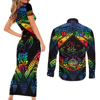 Personalised Tonga LGBT Couples Matching Short Sleeve Bodycon Dress and Long Sleeve Button Shirts Love Is Love Ngatu Rainbow Water Color LT9 - Wonder Print Shop