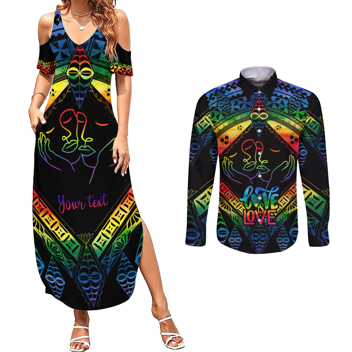 Personalised Tonga LGBT Couples Matching Summer Maxi Dress and Long Sleeve Button Shirts Love Is Love Ngatu Rainbow Water Color LT9 - Wonder Print Shop