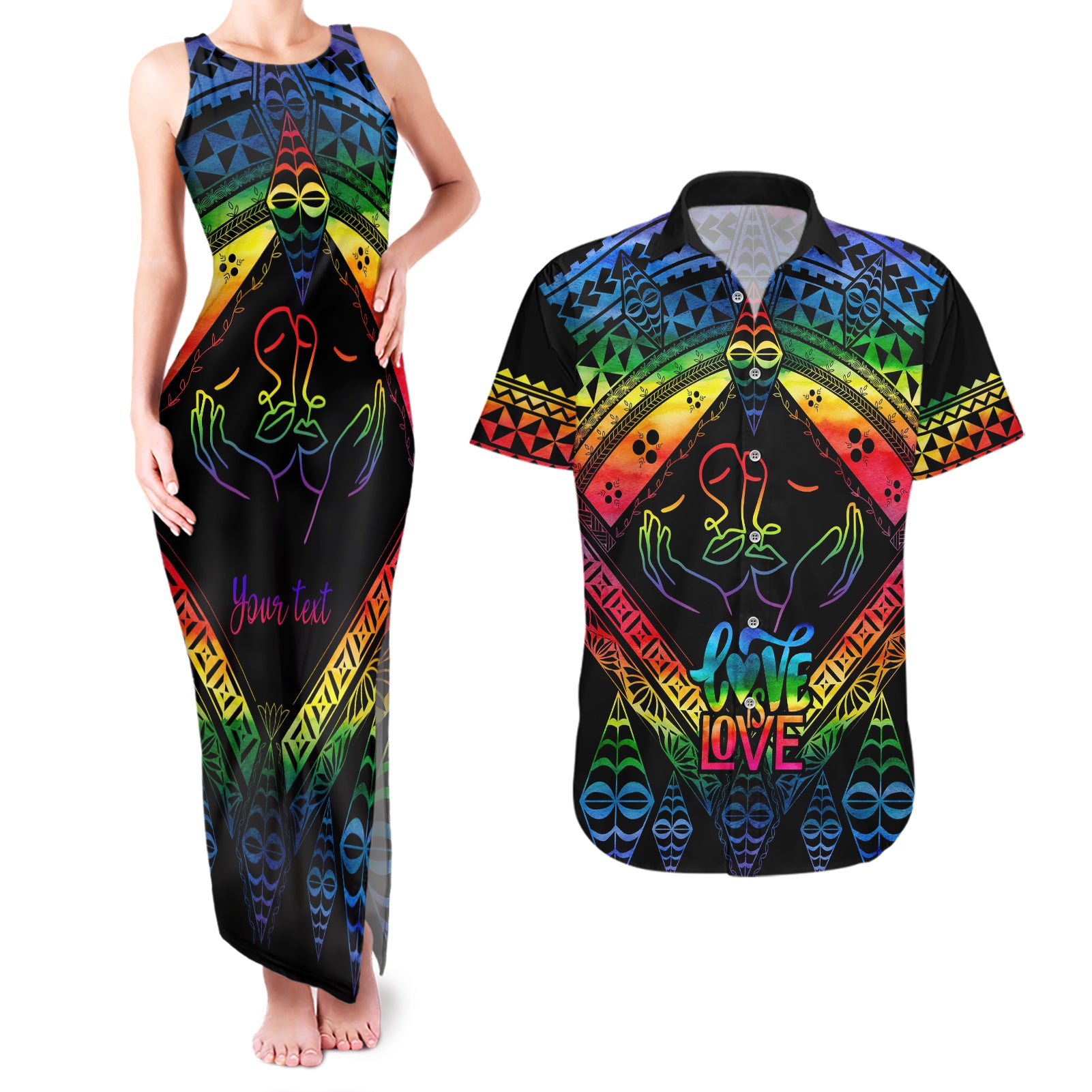 Personalised Tonga LGBT Couples Matching Tank Maxi Dress and Hawaiian Shirt Love Is Love Ngatu Rainbow Water Color LT9 - Wonder Print Shop