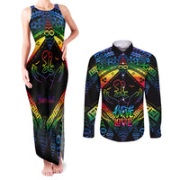 Personalised Tonga LGBT Couples Matching Tank Maxi Dress and Long Sleeve Button Shirts Love Is Love Ngatu Rainbow Water Color LT9 - Wonder Print Shop