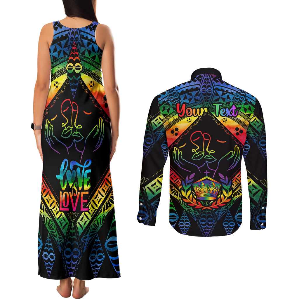 Personalised Tonga LGBT Couples Matching Tank Maxi Dress and Long Sleeve Button Shirts Love Is Love Ngatu Rainbow Water Color LT9 - Wonder Print Shop