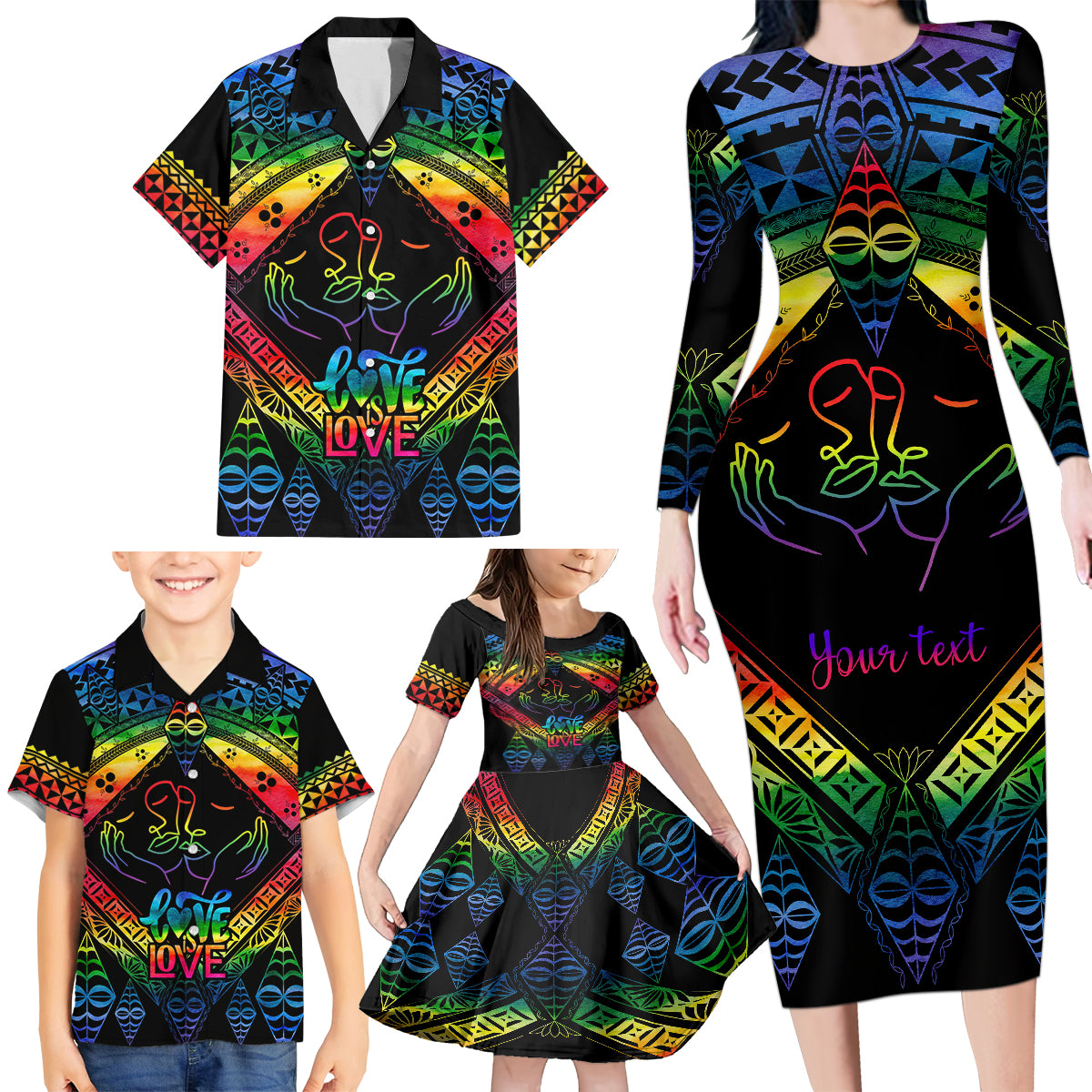 Personalised Tonga LGBT Family Matching Long Sleeve Bodycon Dress and Hawaiian Shirt Love Is Love Ngatu Rainbow Water Color LT9 - Wonder Print Shop