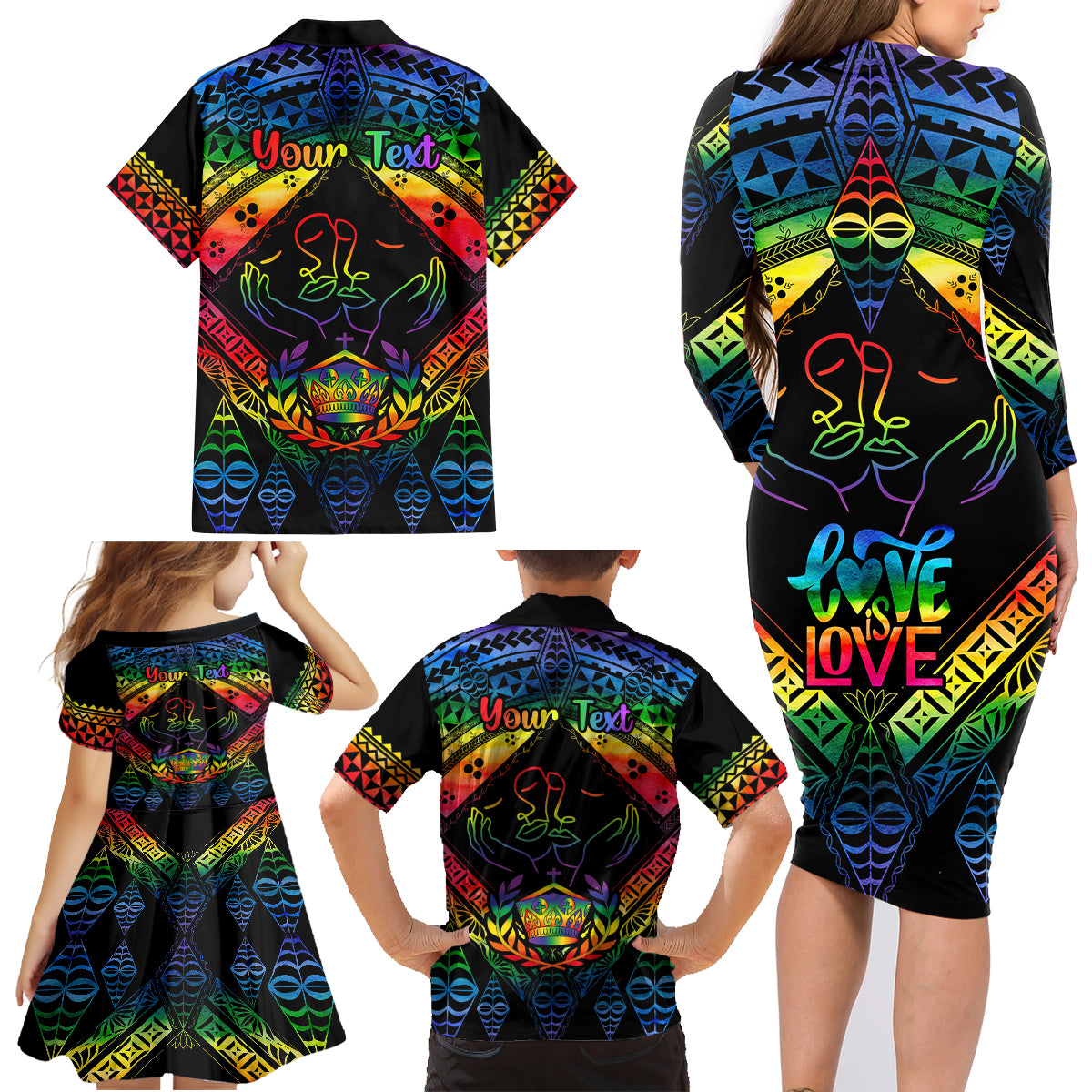 Personalised Tonga LGBT Family Matching Long Sleeve Bodycon Dress and Hawaiian Shirt Love Is Love Ngatu Rainbow Water Color LT9 - Wonder Print Shop