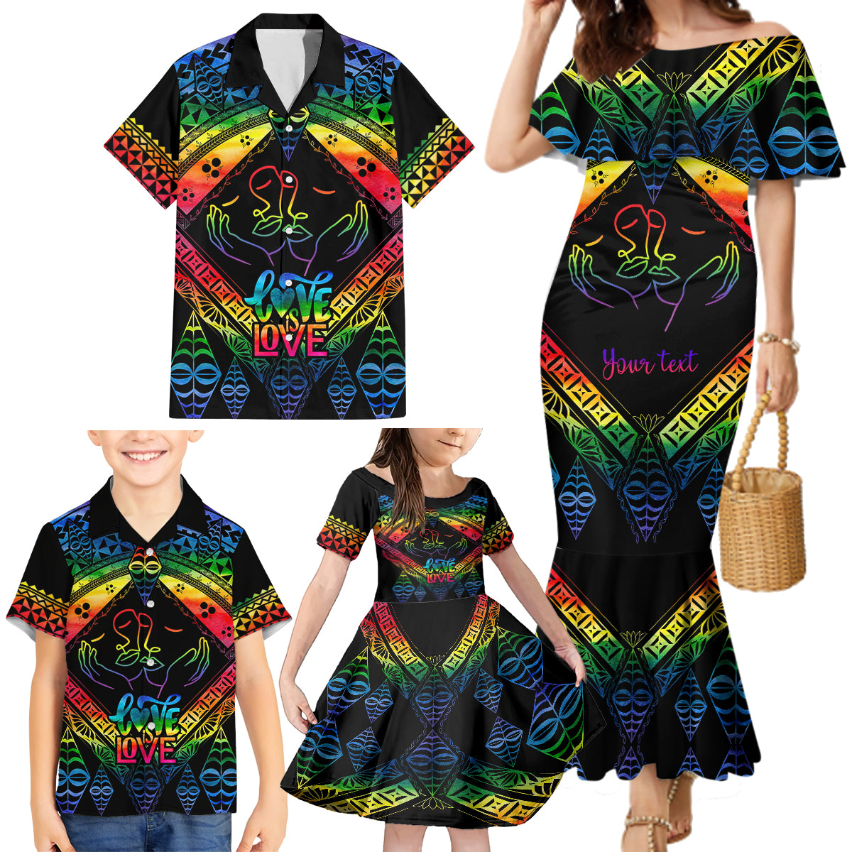 Personalised Tonga LGBT Family Matching Mermaid Dress and Hawaiian Shirt Love Is Love Ngatu Rainbow Water Color LT9 - Wonder Print Shop