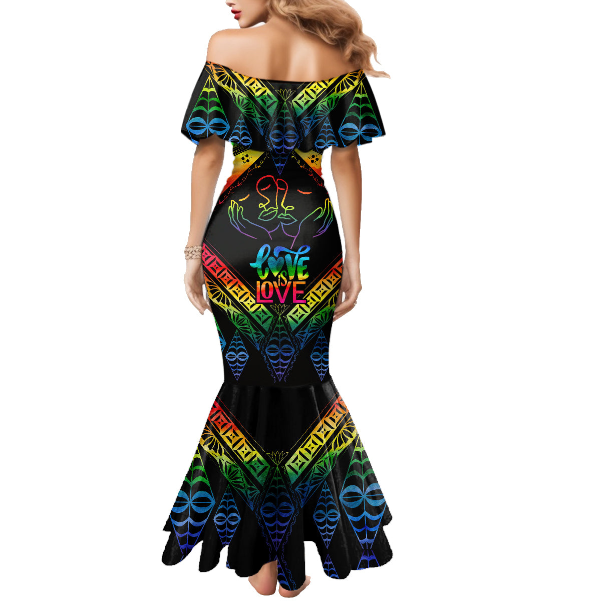 Personalised Tonga LGBT Family Matching Mermaid Dress and Hawaiian Shirt Love Is Love Ngatu Rainbow Water Color LT9 - Wonder Print Shop