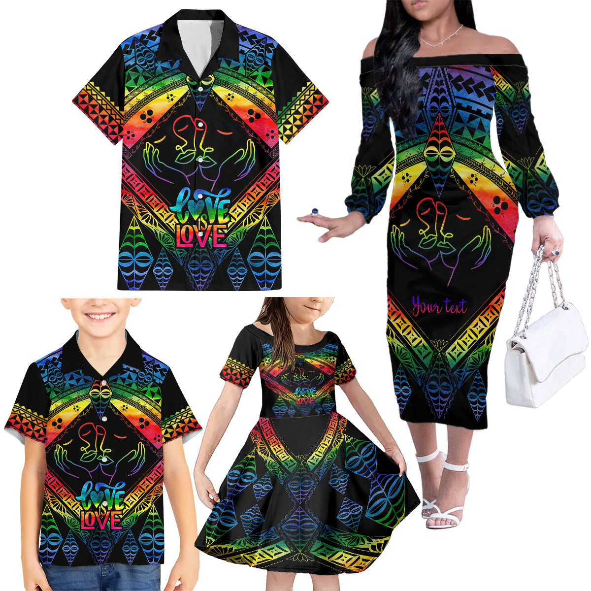 Personalised Tonga LGBT Family Matching Off Shoulder Long Sleeve Dress and Hawaiian Shirt Love Is Love Ngatu Rainbow Water Color - Wonder Print Shop